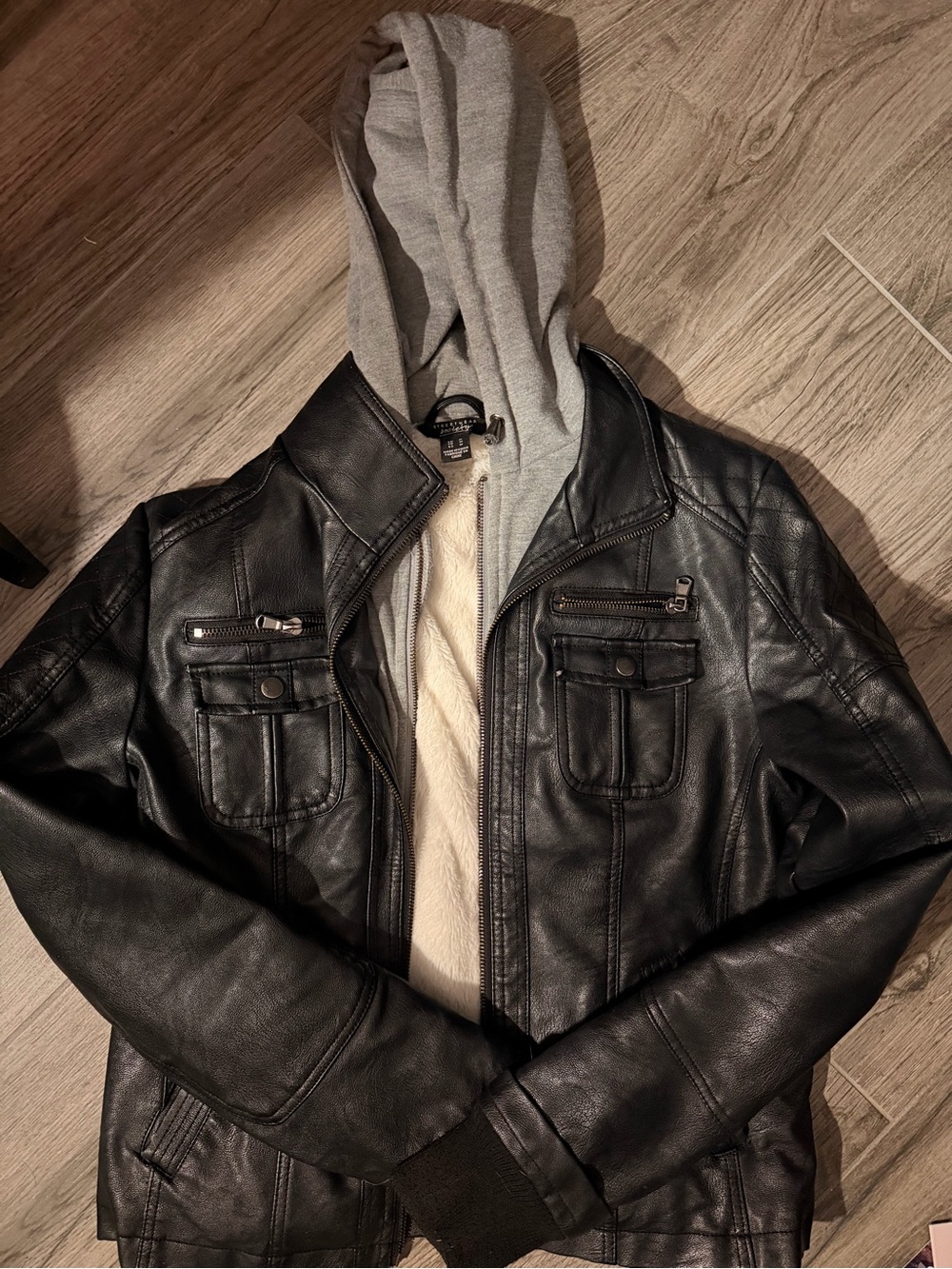 Streetwear Society Black Faux Leather Jacket with Gray Hood